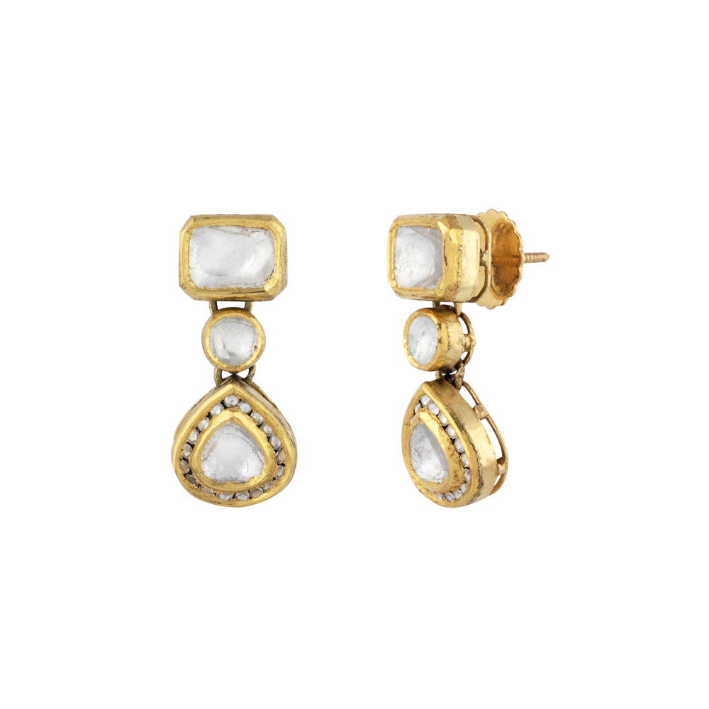 Geometric Polki Earrings with Square, Round & Teardrop Polki